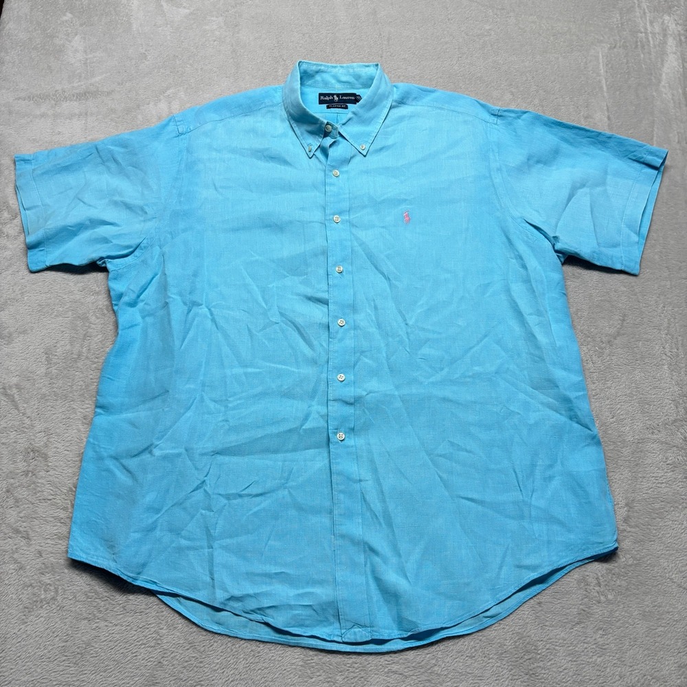 Ralph Lauren Linen Shirt Mens XXL 2XL Classic Fit Blue Short Sleeve Button-Down